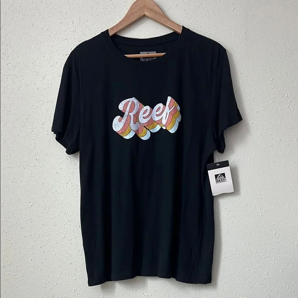 New Reef Surf Black Retro Logo Short Sleeve Graphic Tee Size L